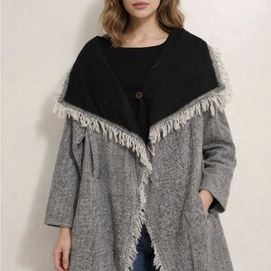Rhea Fringe Shawl Collar Tweed Coat Jacket — Grey/Black — Cozy Layer